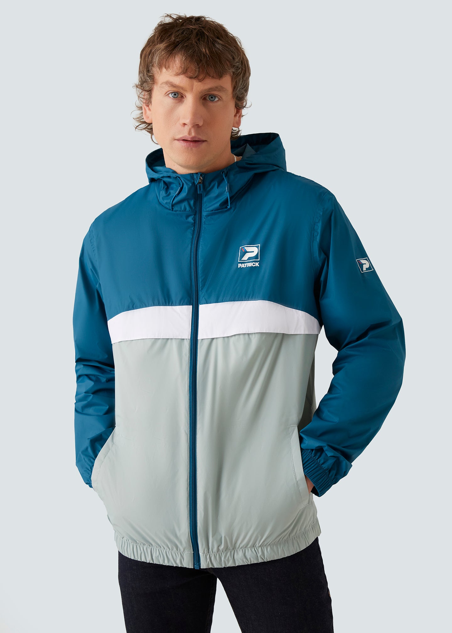 Dark blue light blue and white windbreaker store