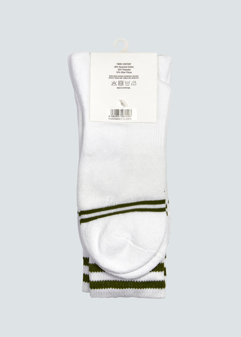 Load image into Gallery viewer, Rio Crew Sock 3 Pack - White/Dark Green
